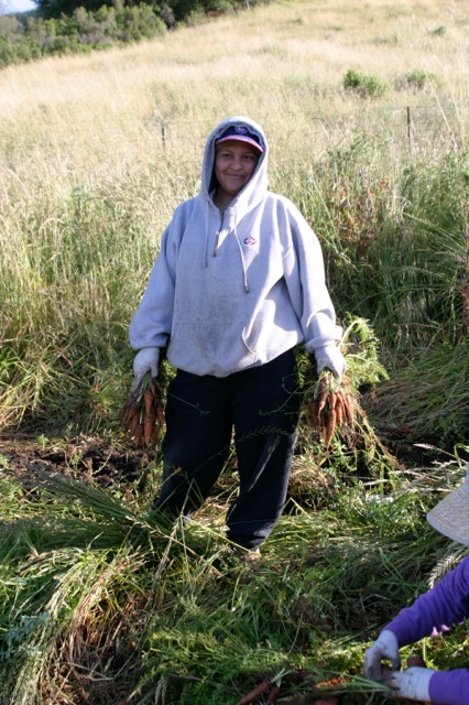 Irene holding carrot bunches