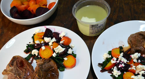 Beets atop greens with feta