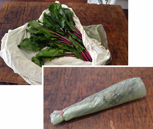 Remove greens from cloth and re-bag